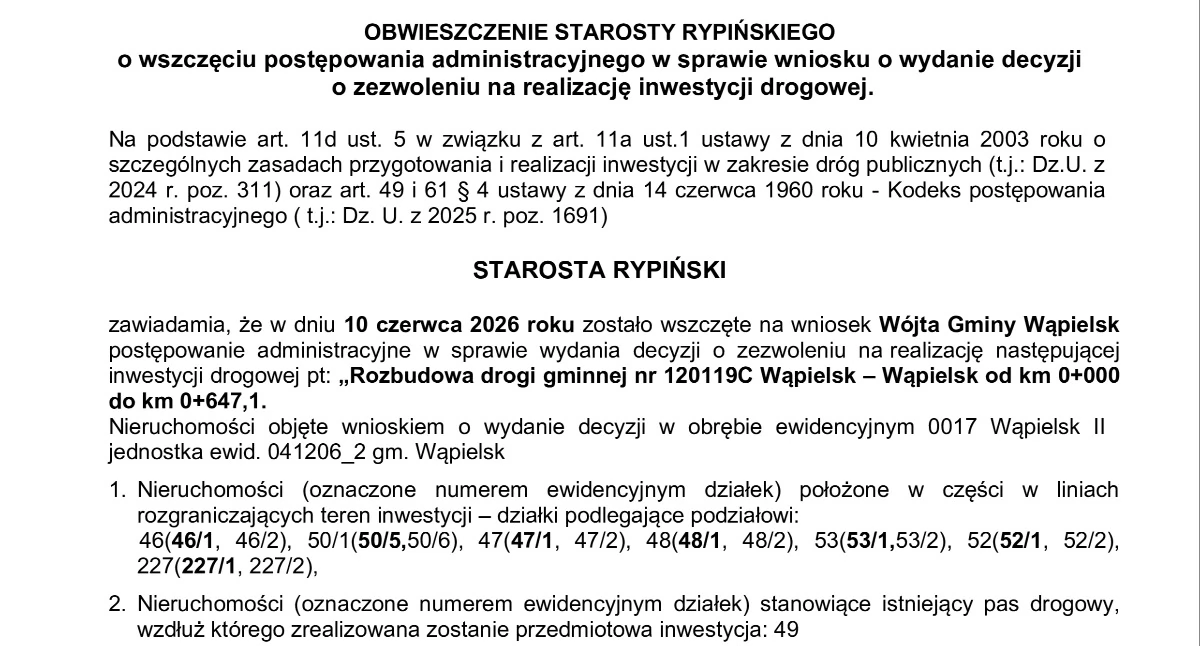 Urzędy, Obwieszczenie Starosty Rypińskiego - zdjęcie, fotografia